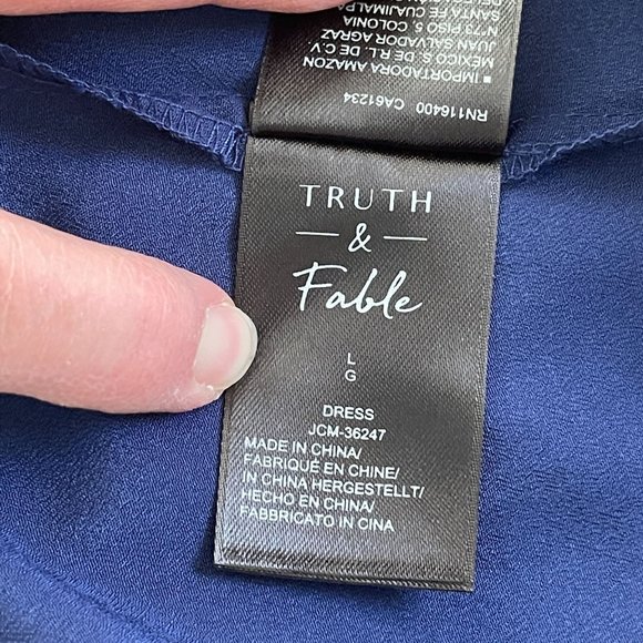 Truth & Fable Chiffon Lace Midi Dress L Cutout Waist Keyhole Back Fit Flare Navy - Picture 10 of 12